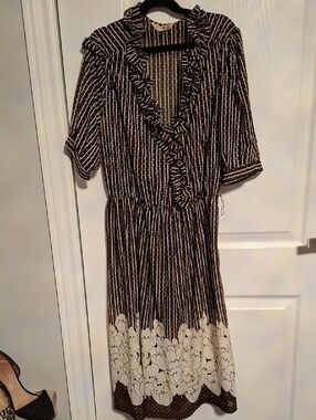 Sears Brown and Cream Ruffle-Trim Midi Dress